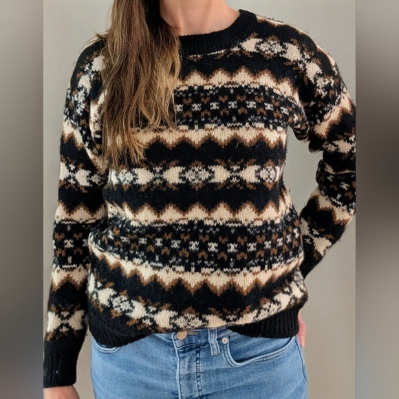 Vintage Geometric Abstract Patterned Wool Crewneck Sweater In Black - Picture 3 of 6